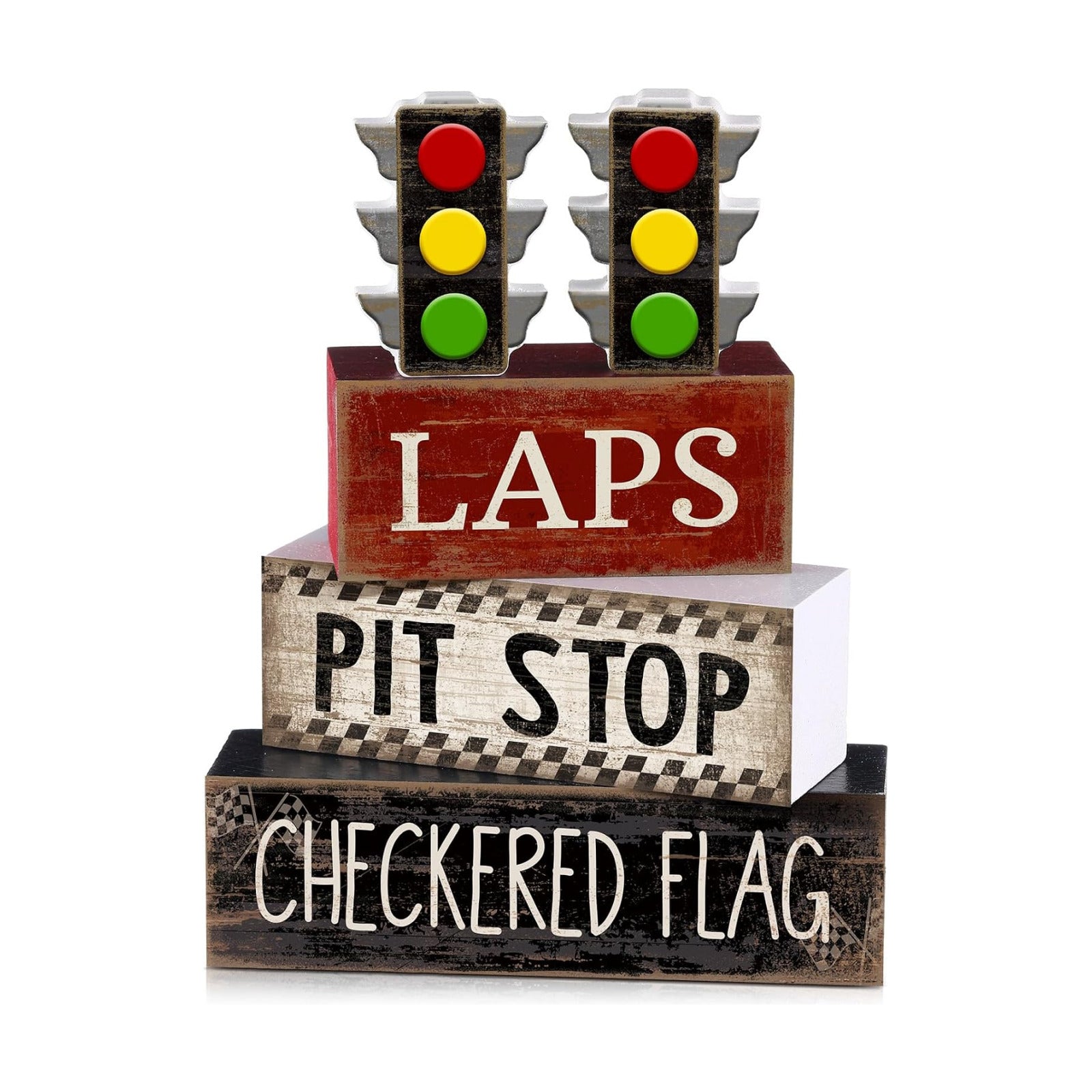 Lineshading 4 Pcs Race Car Wooden Tiered Tray Decor Tabletop Block Signs
