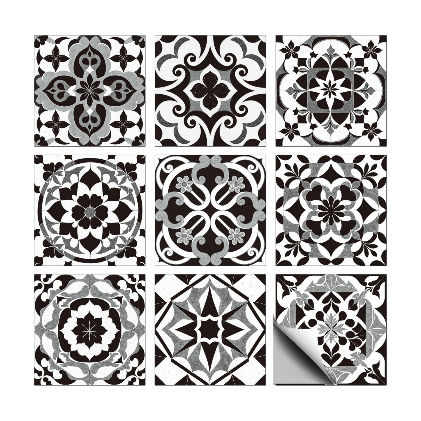 9 Style Wall Tile Stickers / Black Gray Pattern / 4 x 4 / Set of 36