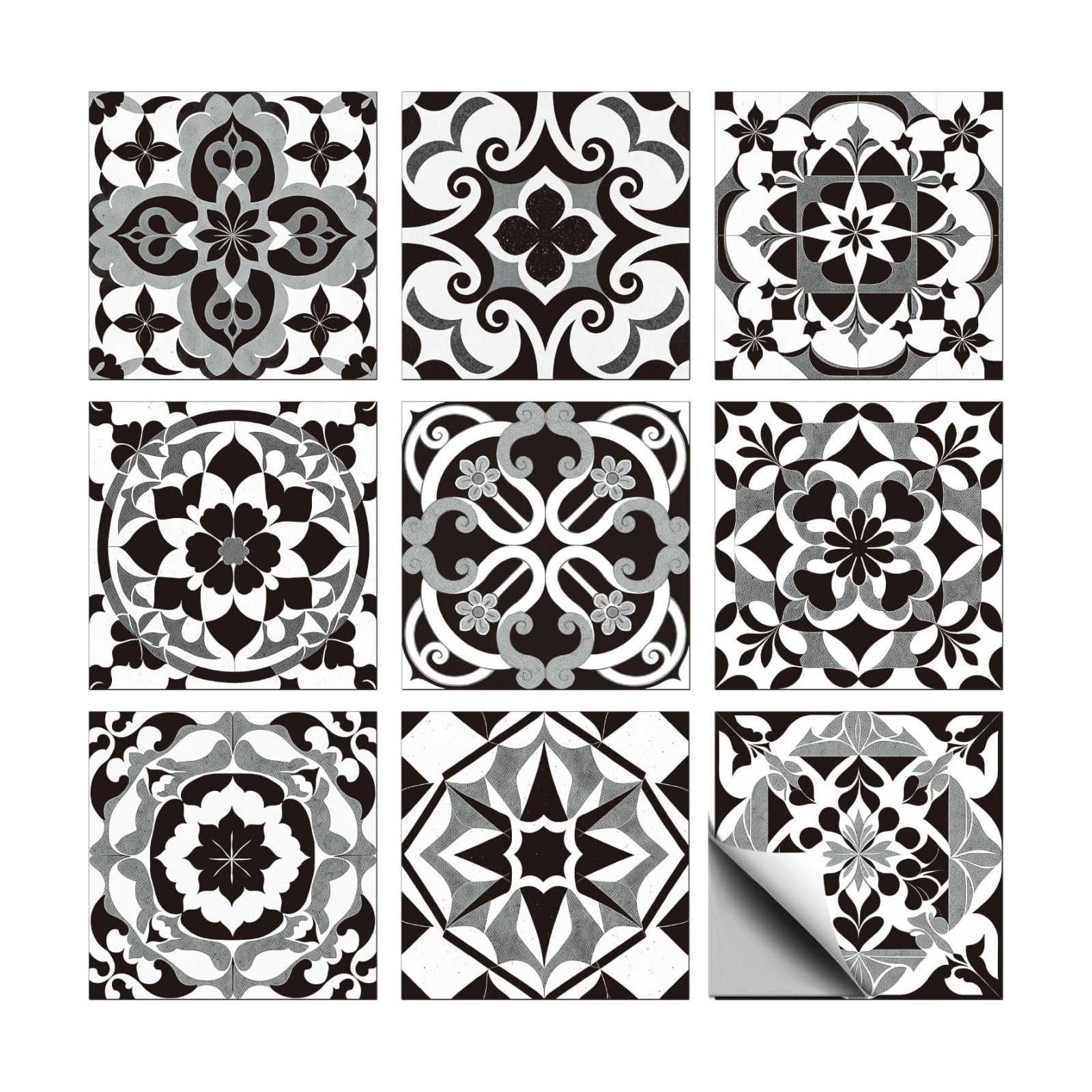 9 Style Wall Tile Stickers / Black Gray Pattern / 4 x 4 / Set of 36