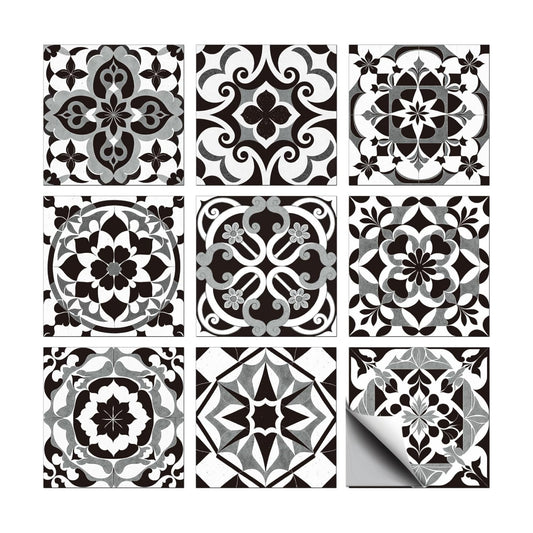 9 Style Wall Tile Stickers / Black Gray Pattern / 4 x 4 / Set of 36