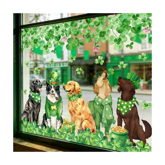 JarThenaAMCS 2 Sheet St. Patrick' s Day Dog Window Clings Window Decal Green Shamrock Clover Dog Reusable Anti-Collision Windows Decor for Irish Holiday Party Supplies