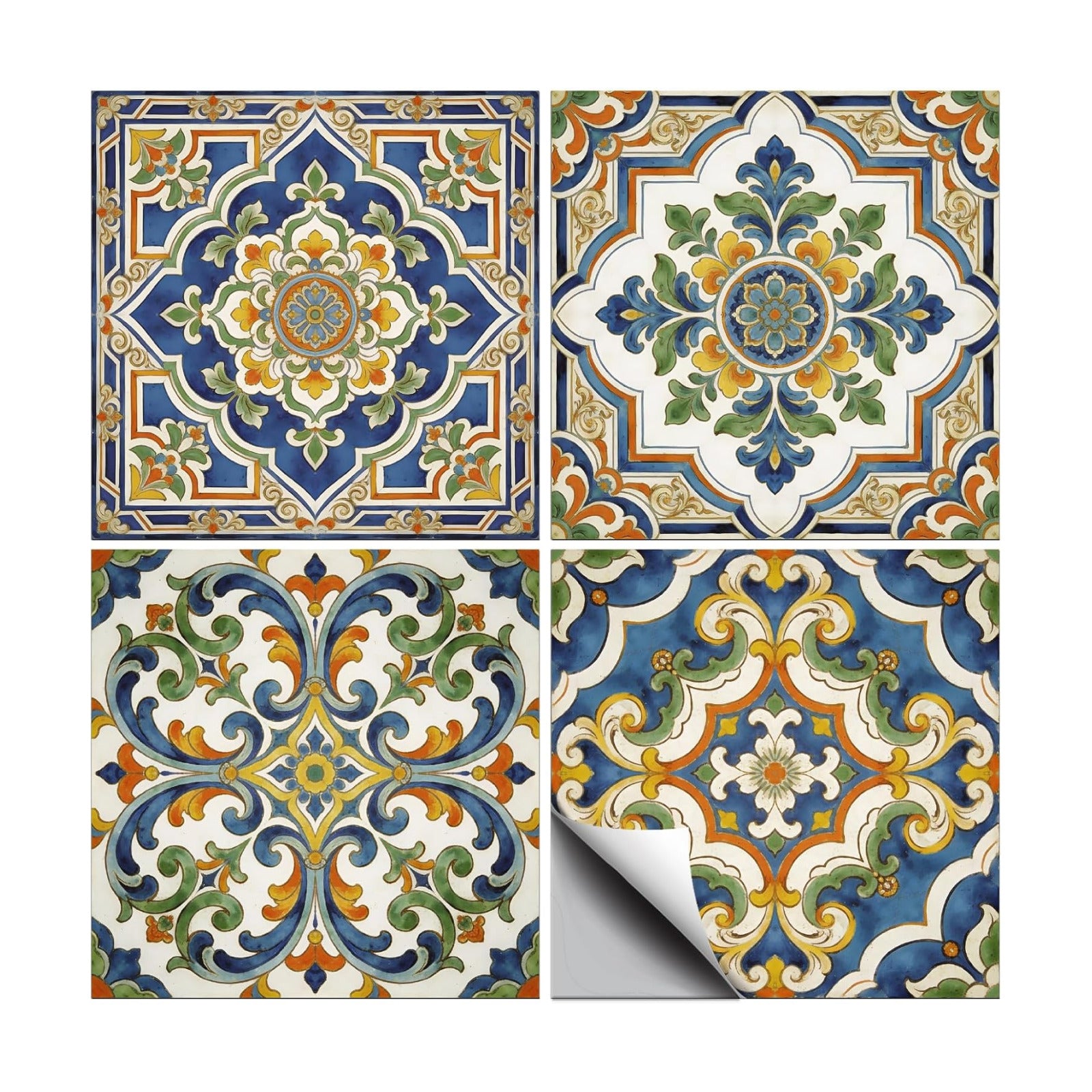 4 Style Tile Stickers Peel and Stick Retro Floral Wall Tile Stickers / Blue Floral / Set of 36