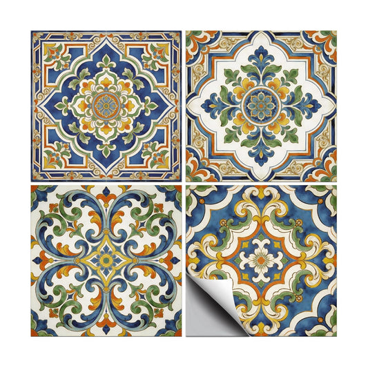 4 Style Tile Stickers Peel and Stick Retro Floral Wall Tile Stickers / Blue Floral / Set of 36