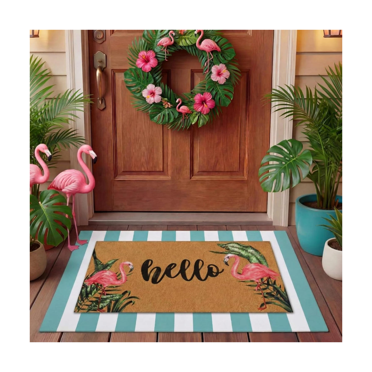 Tinideya 2 Pcs Summer Flamingo Layering Doormats Sets