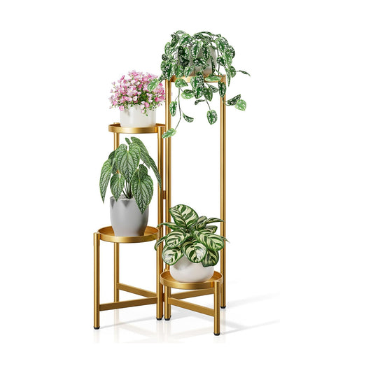Gold Plant Stand, 4 Tiered Plant Stand Indoor for Multiple Large Planter, Tall Heavy Duty Adjustable Folding Rack with
