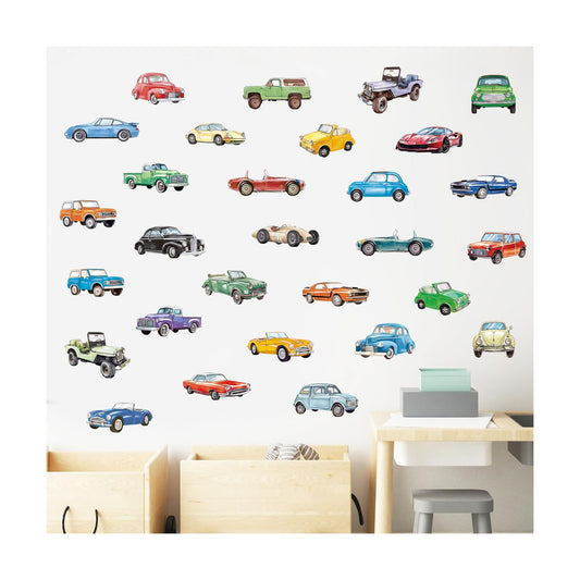 Watercolor Car Wall Stickers Vintage Race Car Retro Vehicle Wall Decals Peel and Stick / Retro Car