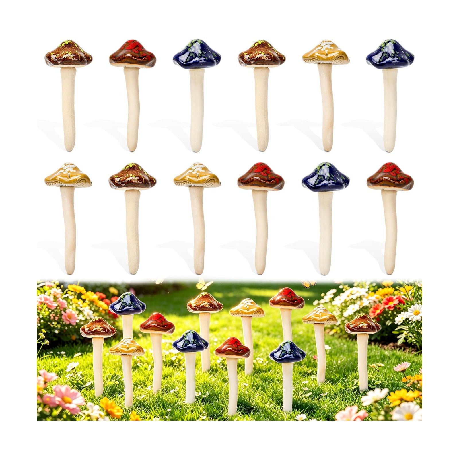 Ceramic Mushroom Garden Ornaments- Lawn Ornaments / Blue / 5 Inch / Set of 12