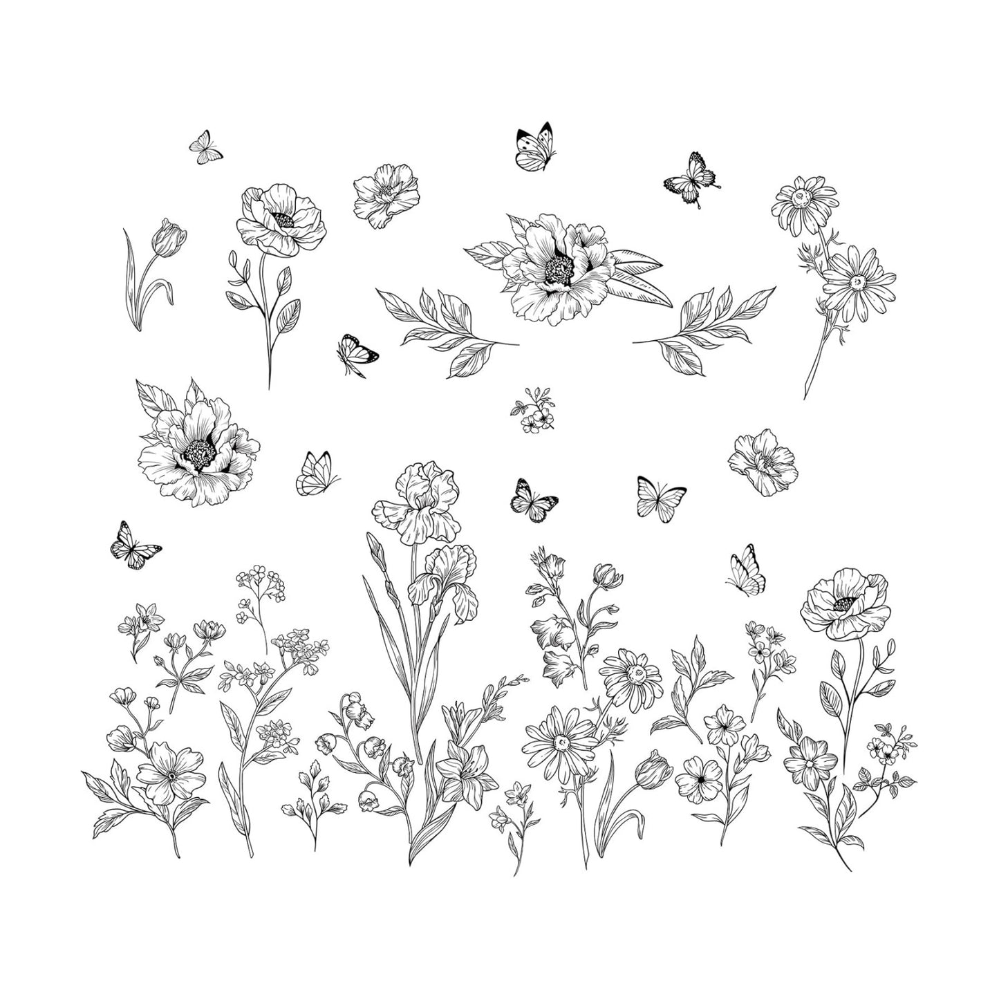 Large Boho Flower Wall Decals Wildflower Butterfly Simple Wall / Simple Sketch Flower / Black