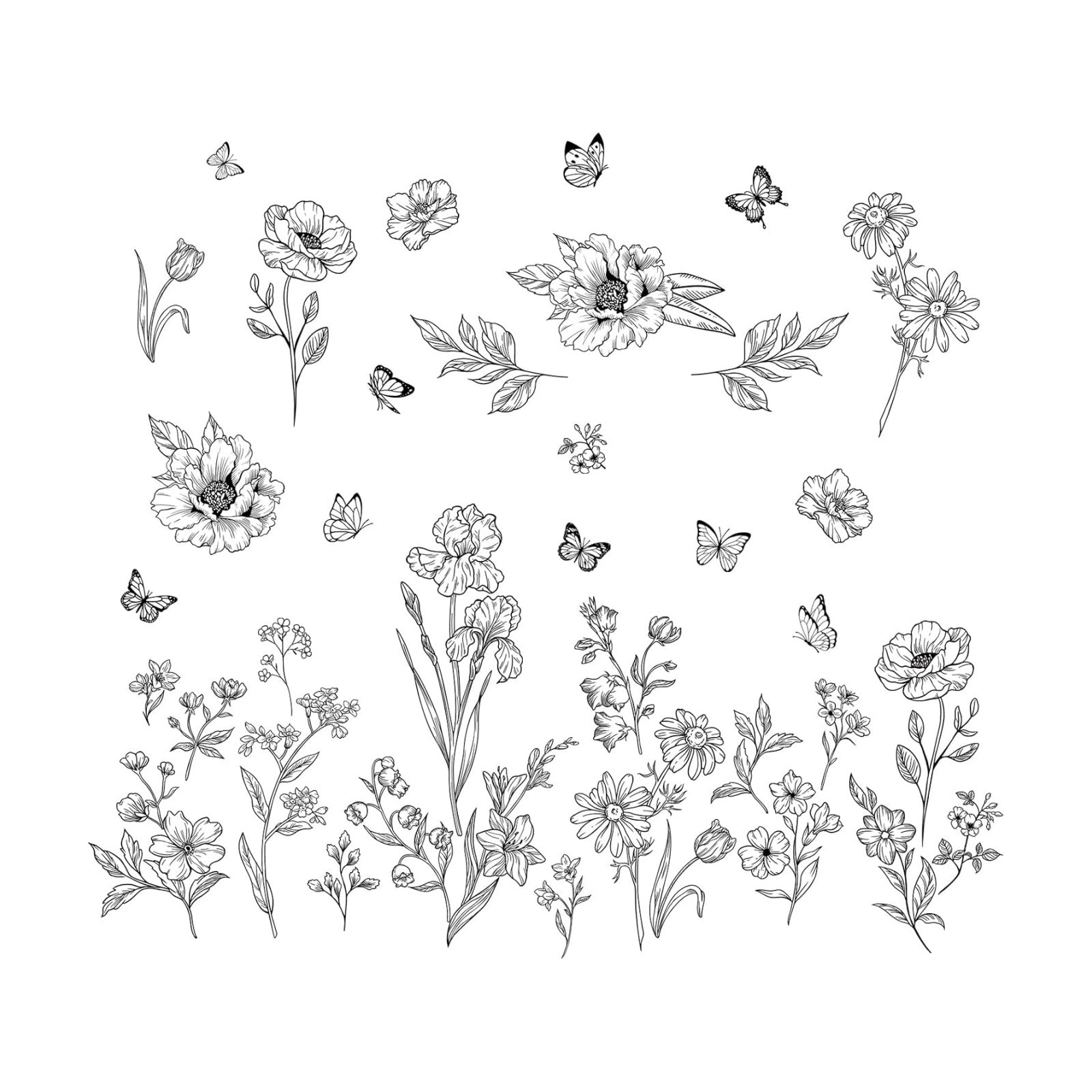 Large Boho Flower Wall Decals Wildflower Butterfly Simple Wall / Simple Sketch Flower / Black