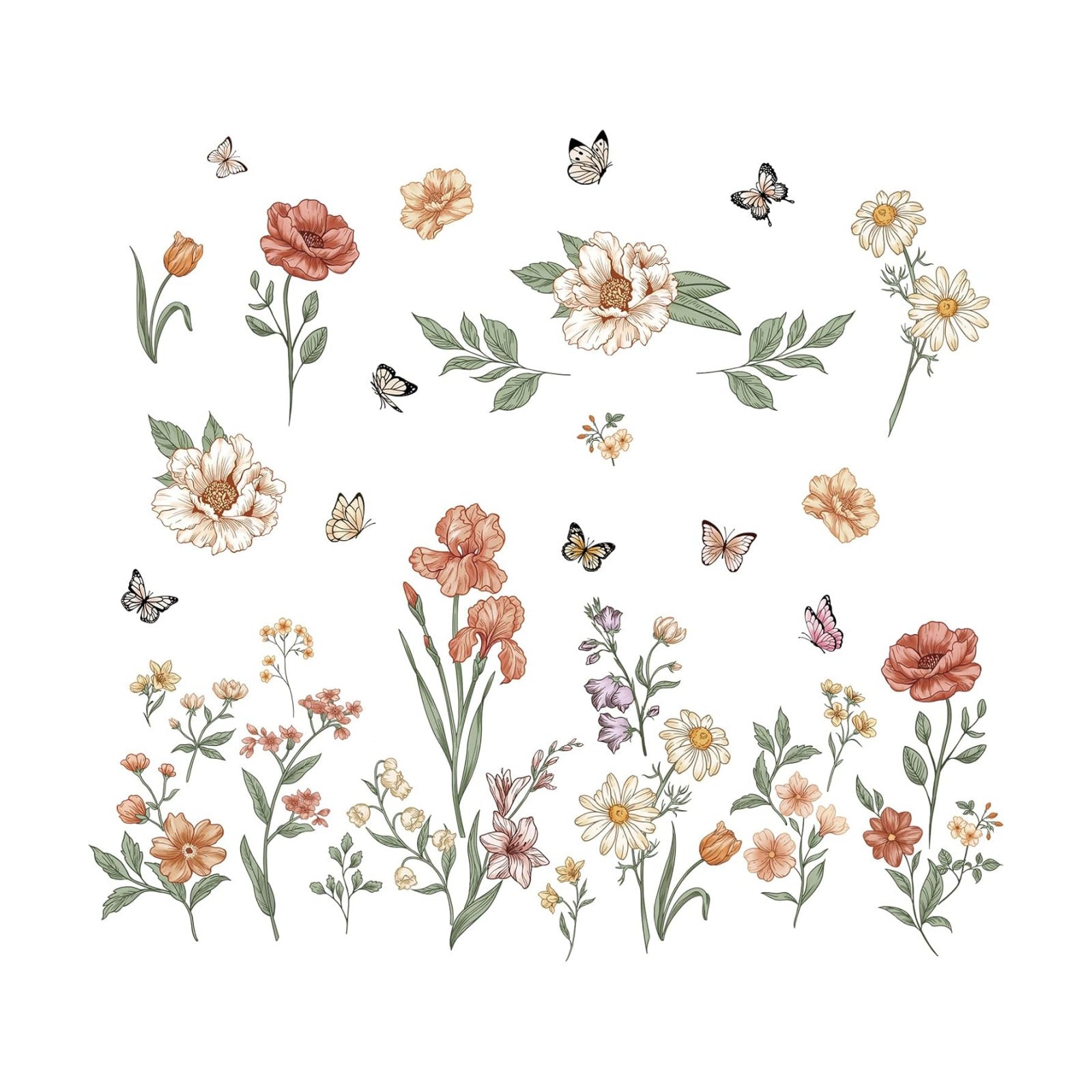 Watercolor Boho Flowers Wall Decals Wildflower Butterfly Garden Wall / Watercolor Boho Flower