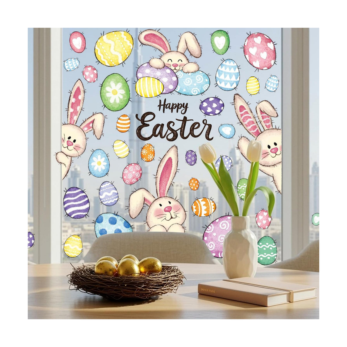 37 PCS Easter Decor, 4 Sheets Easter Window Clings, 9.84 x 13.78 Inch Spring Decorations with Bunnies Eggs Designs, Double-Sided Bunny Stickers for Window Glass Home Office Spring Party Decor