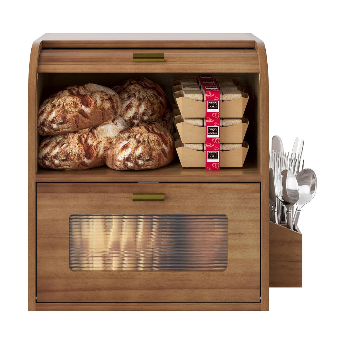 TQVAI Roll Top Bread Box for Kitchen Countertop, Keep Fresh Longer, Easy to Maintenance, Double Layer Vintage Wooden