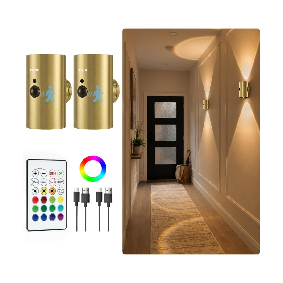 EZVALO Motion Sensor Wall Sconces with Remote, Rechargeable Battery Operated 4000mAh Wall Lights, 3 Color Temperatures