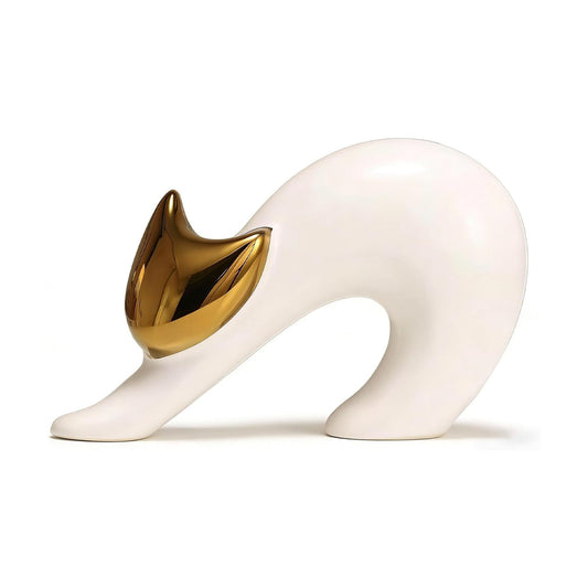 Cat Statues Home Decor White Ceramic Cat Figurine / White and Gold / 4.7in / 7.9 Inch
