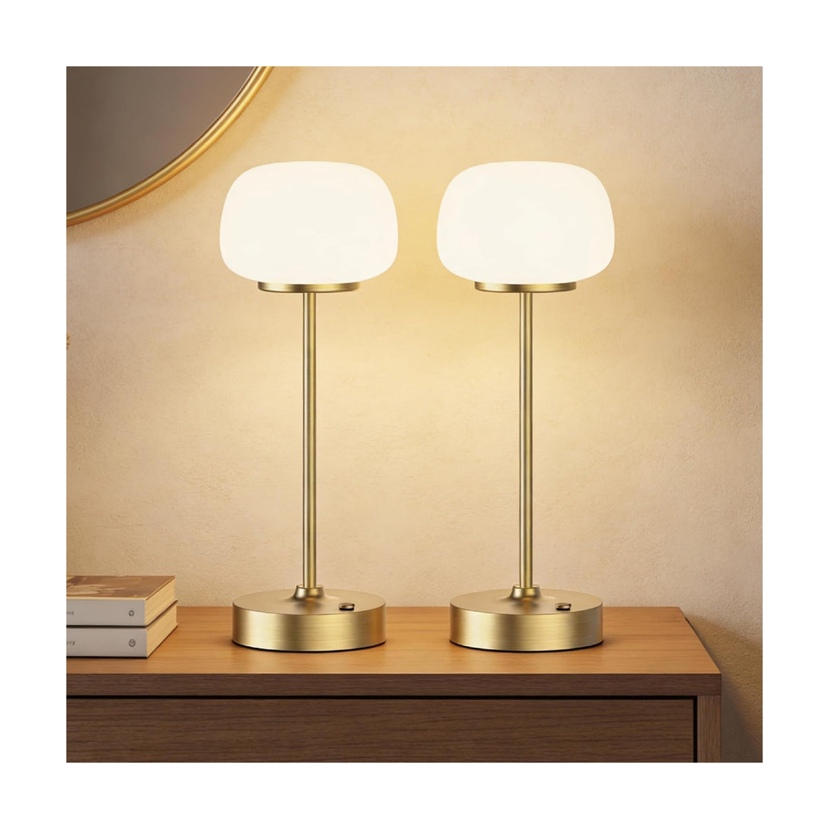 2 Pack Cordless Accent Table Lamp, 2700K Warm Light, 11" High, Gold | Opal Glass, Stepless Dimming, Portable