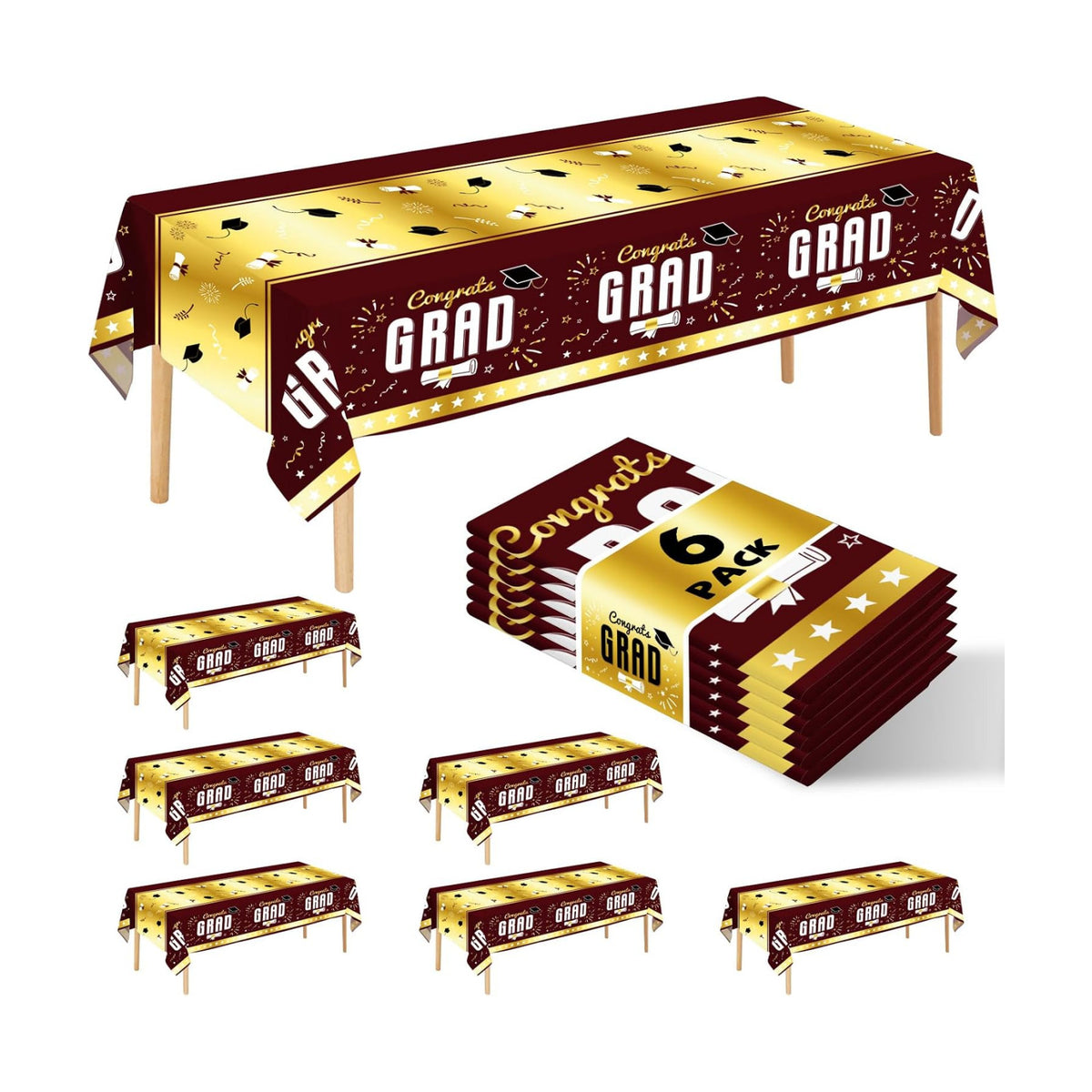 6 Pack Disposable Plastic Tablecloth 54" x 108" Burgundy Class of 2026 Grad Party Table Cloths Disposable for 6 to 8 Foot Tables Graduation Party Indoor or Outdoor (Graduation Burgundy)