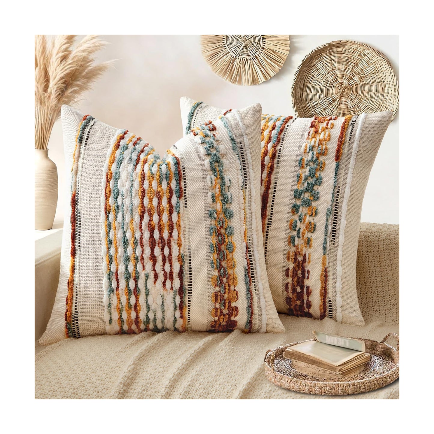 Boho Decorative Throw Pillow Covers Farmhouse Cushion Case / Brown Stripe / 18 x 18 / Set of 2