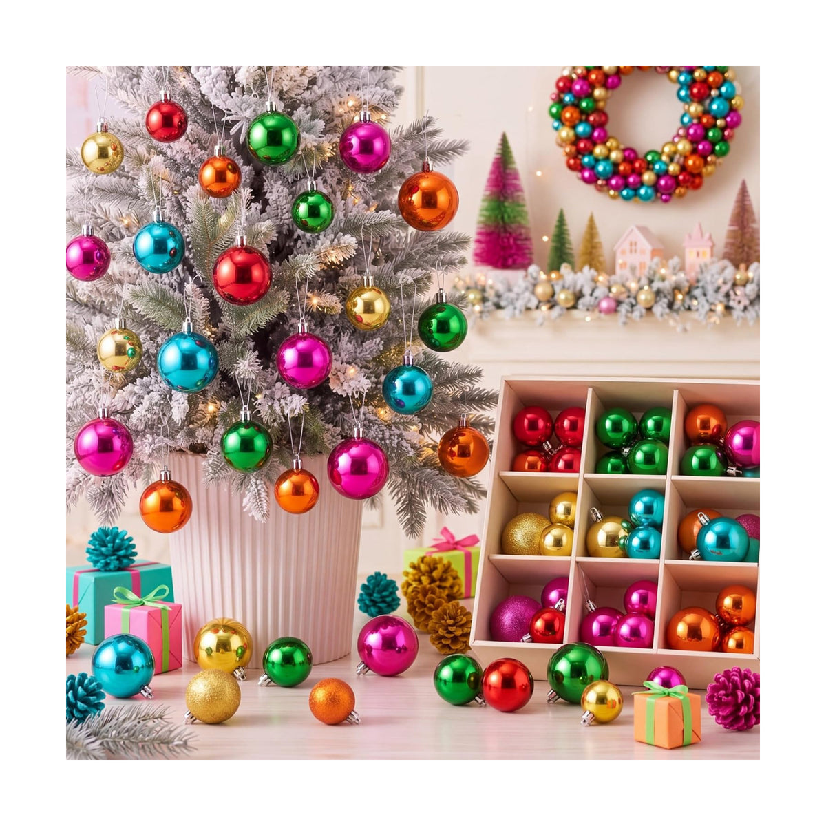 Lunmon 64 Pcs Multicolor Christmas Ornament Bright Color Xmas Baubles