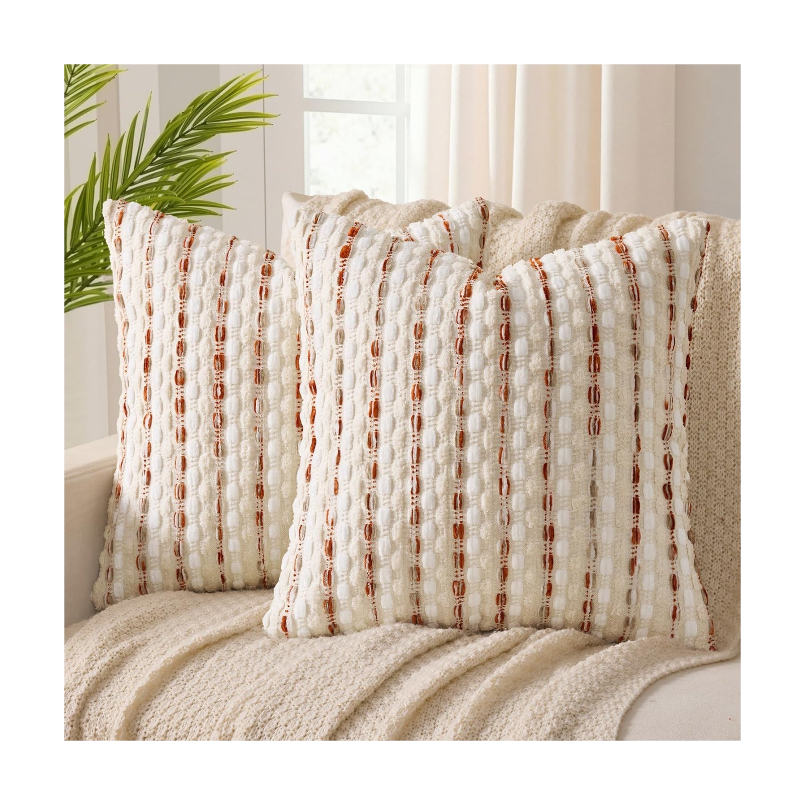 Boho Chenille Textured Tufted Pillow Covers Woven Decorative Throw / Cream Rust / 18 x 18 / Set of 2