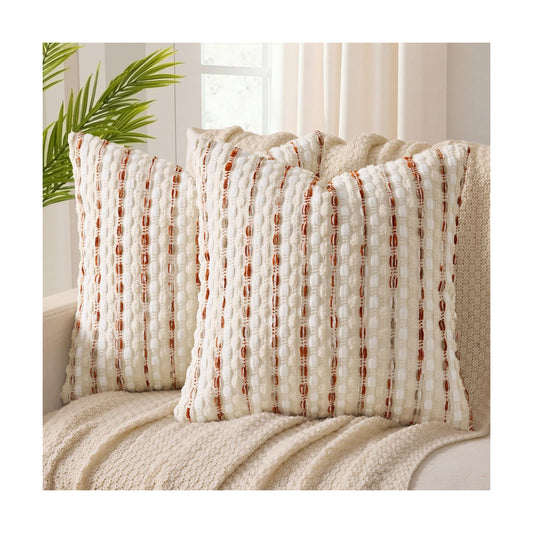 Boho Chenille Textured Tufted Pillow Covers Woven Decorative Throw / Cream Rust / 18 x 18 / Set of 2