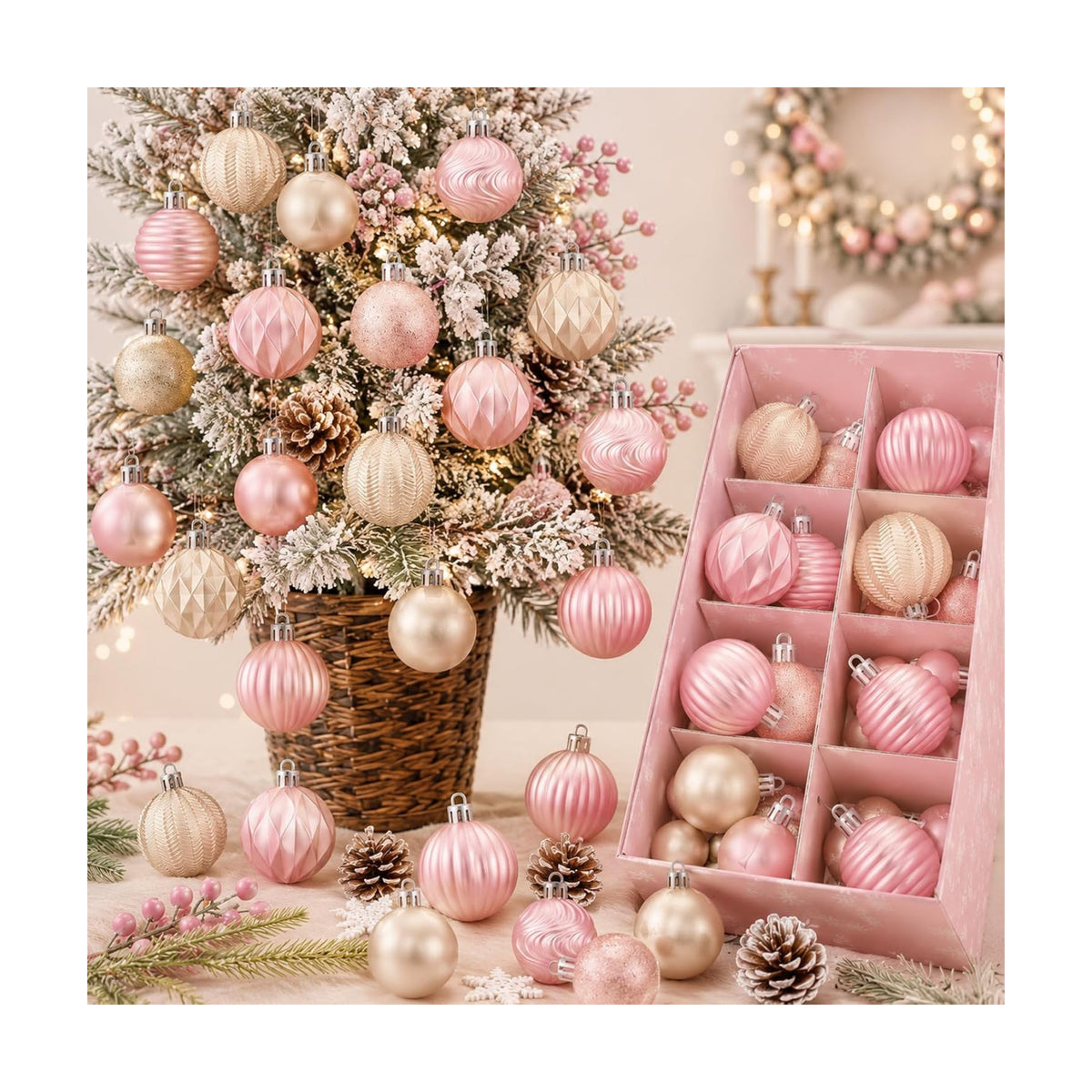 Lunmon 64 Pcs Blush Pink Champagne Gold Christmas Ornaments Xmas Bulbs