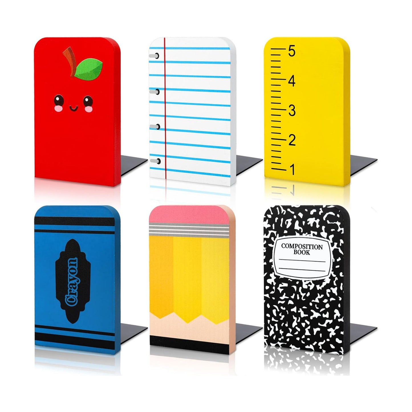 Back to School Wood Bookends Non Skid Book Stoppers Composition Notebook Pencil Crayon / Set of 6