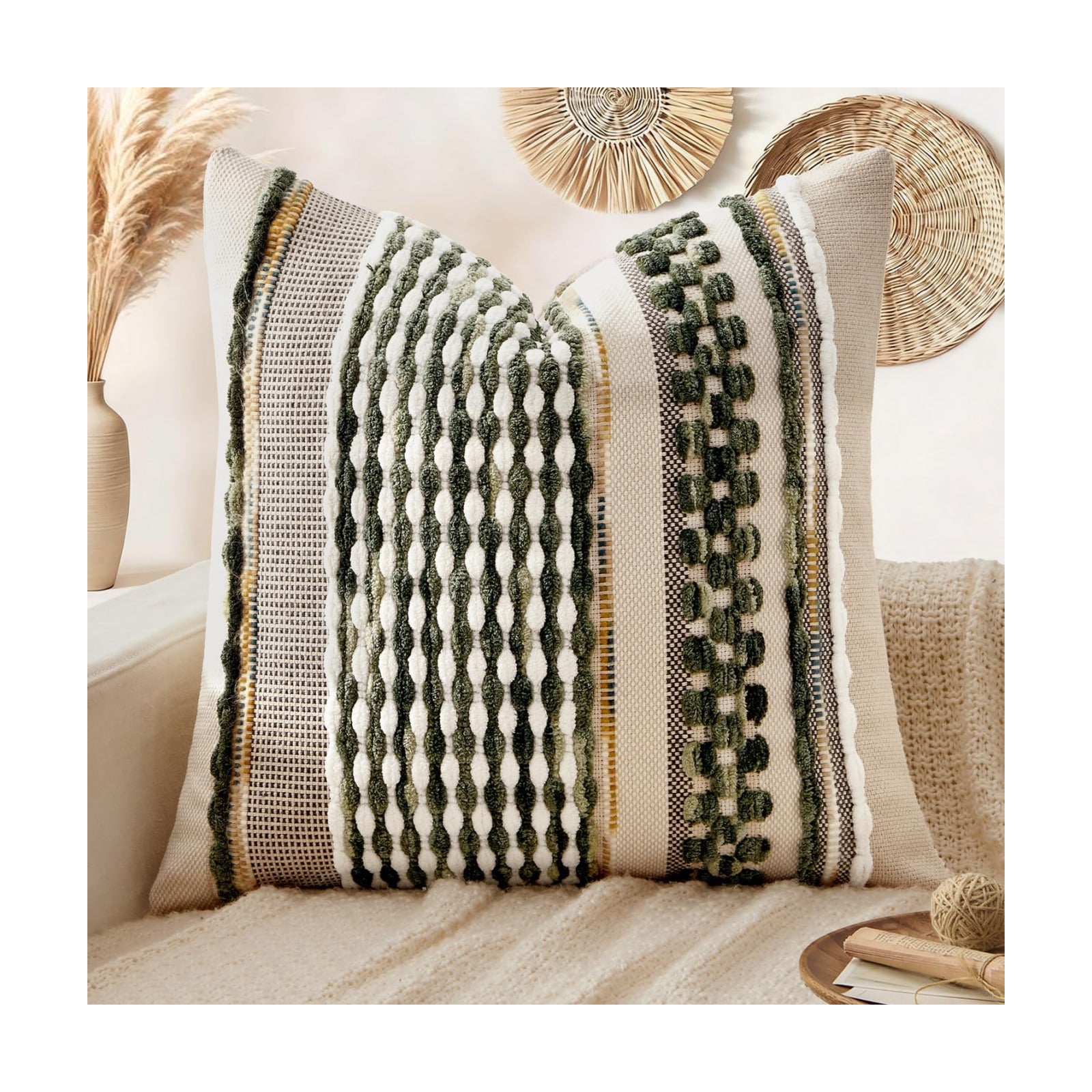 Boho Decorative Throw Pillow Covers Farmhouse Cushion Case Striped / Olive Green Stripe / 18 x 18
