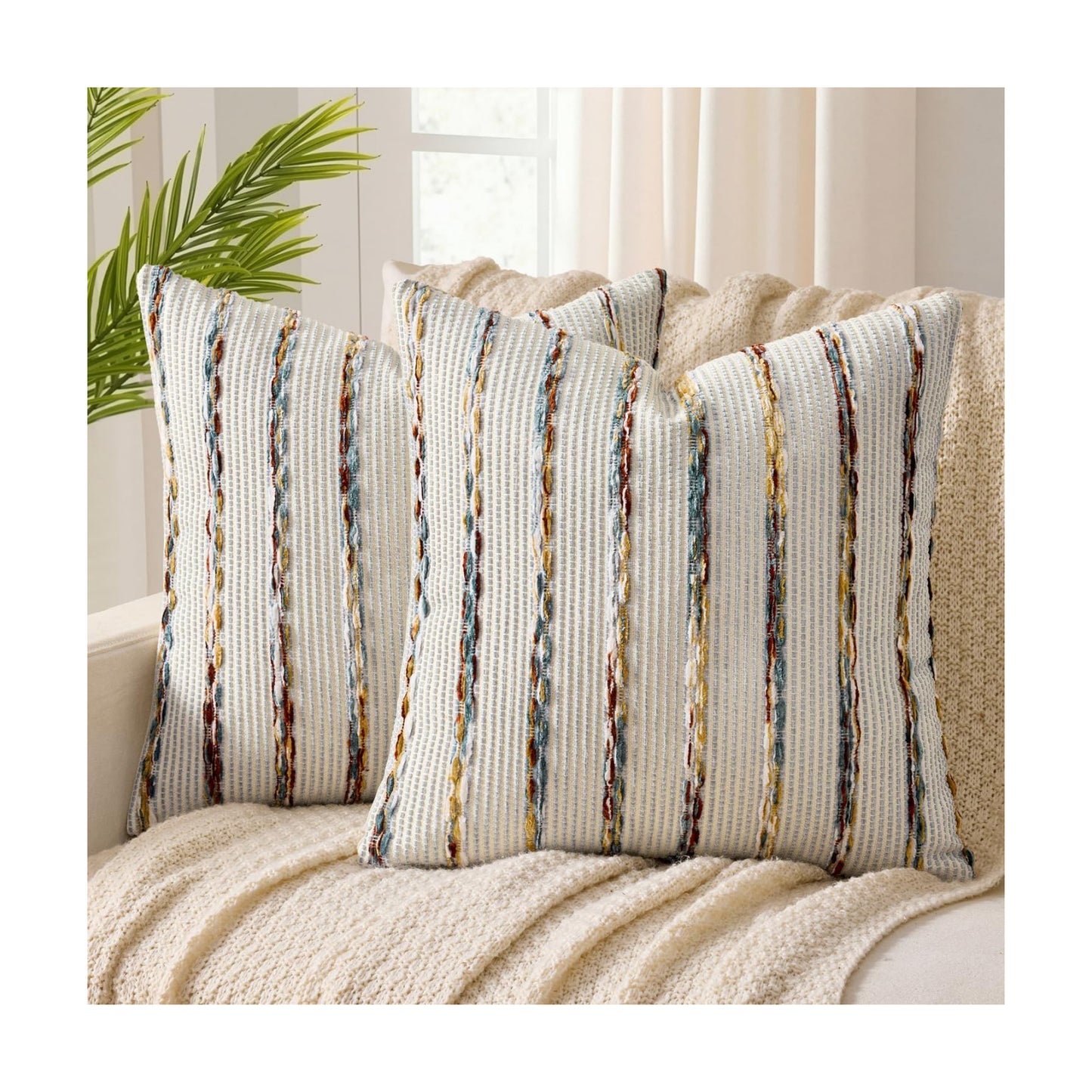 Boho Woven Chenille Pillow Covers Soft Textured Decorative / Blue Stripe / 18 x 18 / Set of 2