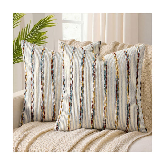 Boho Woven Chenille Pillow Covers Soft Textured Decorative / Blue Stripe / 18 x 18 / Set of 2