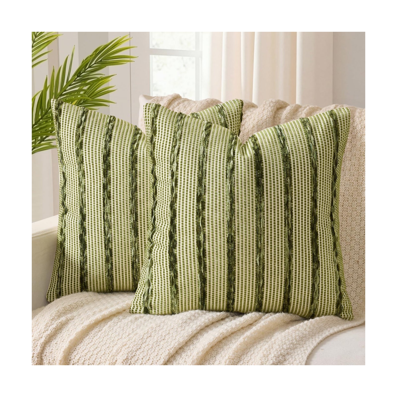 Boho Woven Chenille Pillow Covers Soft Textured Decorative / Olive Stripe / 18 x 18 / Set of 2