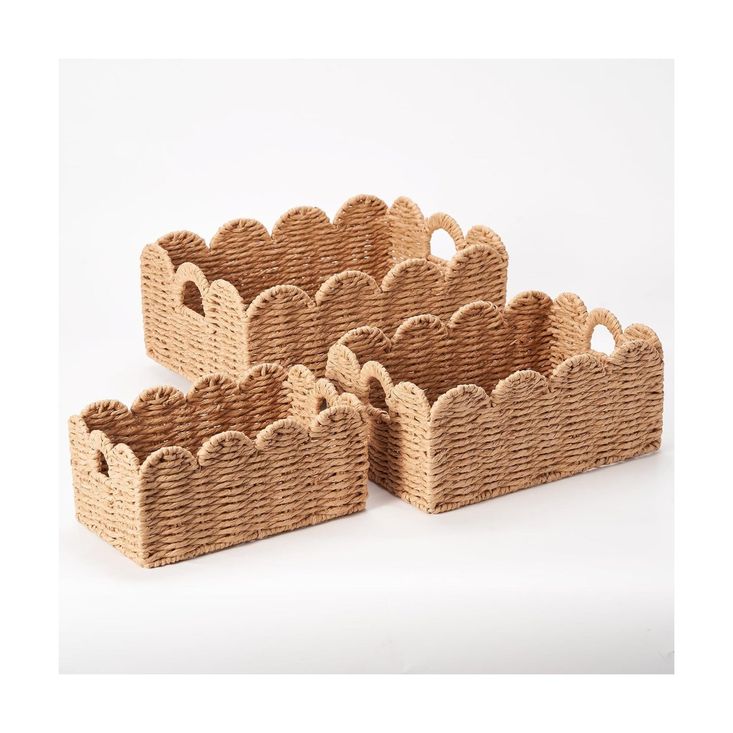 Scalloped Wicker Baskets / Tan / Set of 3