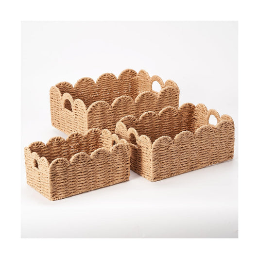 Scalloped Wicker Baskets / Tan / Set of 3