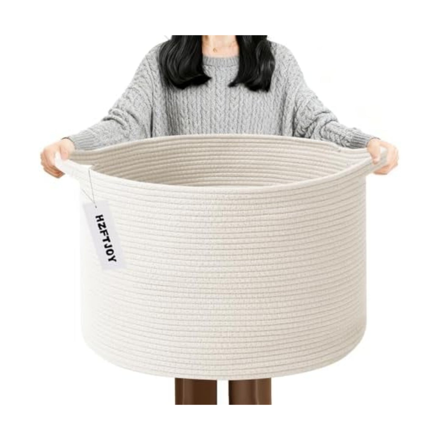 90L Large Blanket Basket,Rope WovenLaundry Basket-White
