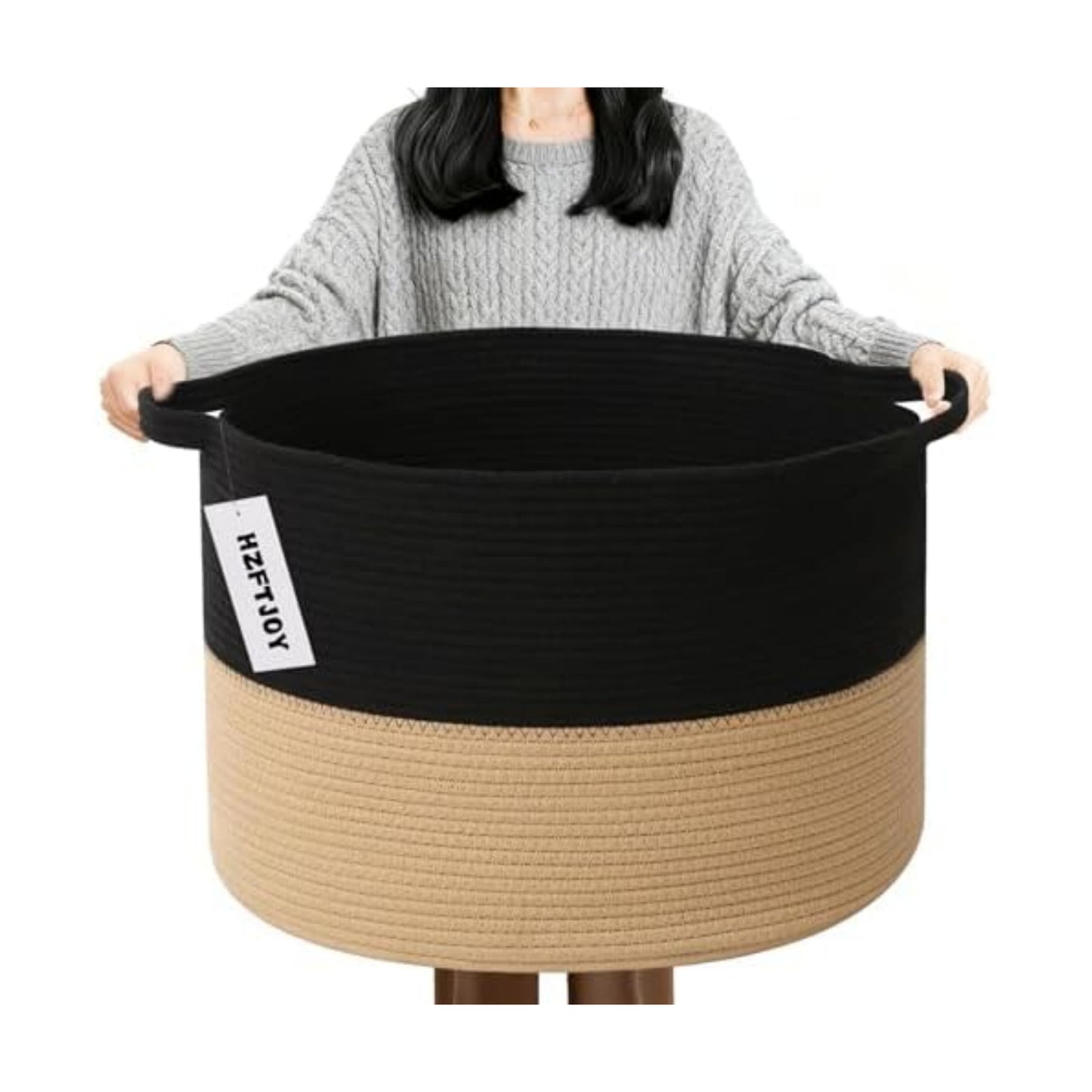 90L Extra Large Blanket Basket,Woven Laundry Basket-Black&Camel