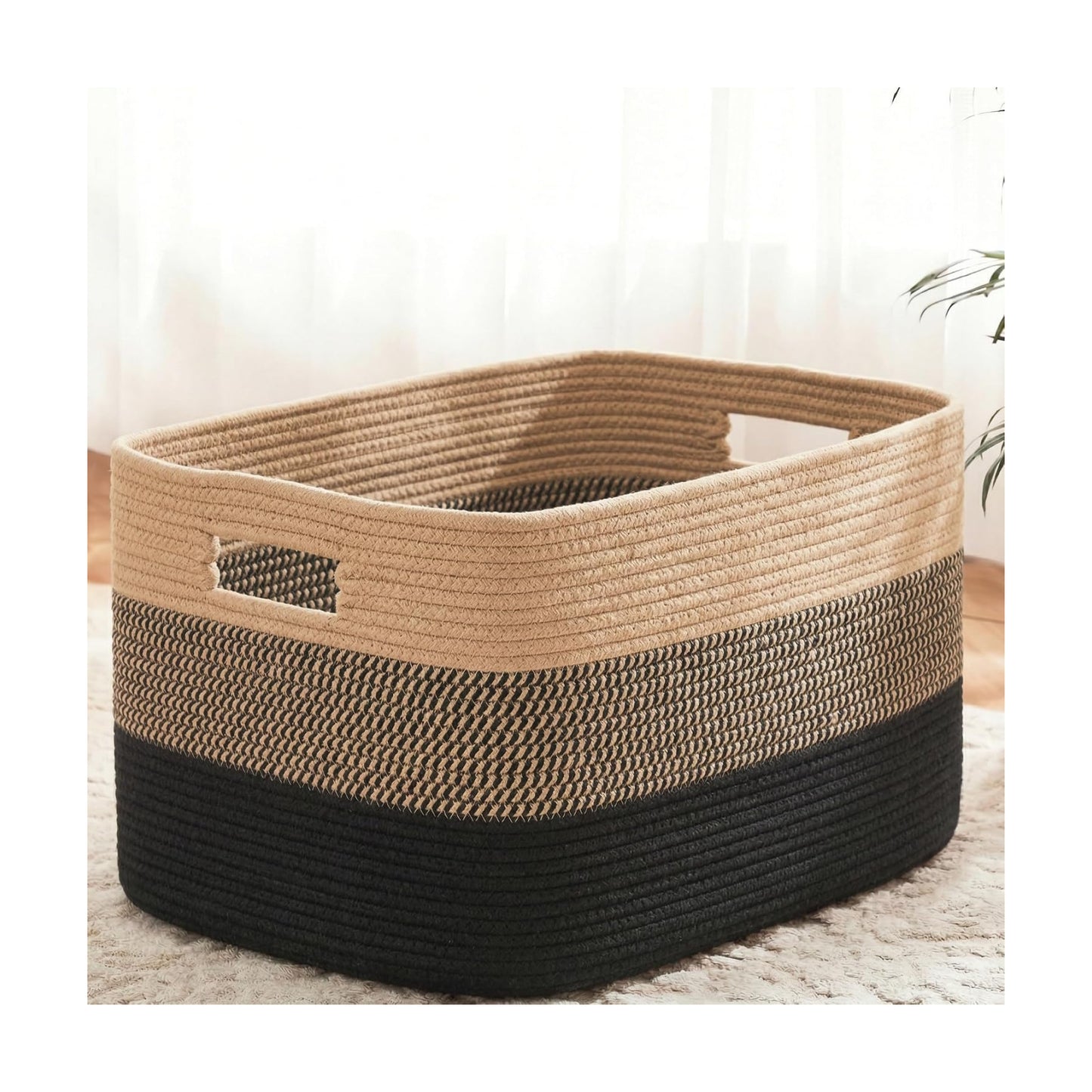 Rectangle Woven Baskets for Storage / Black&jute / 65L