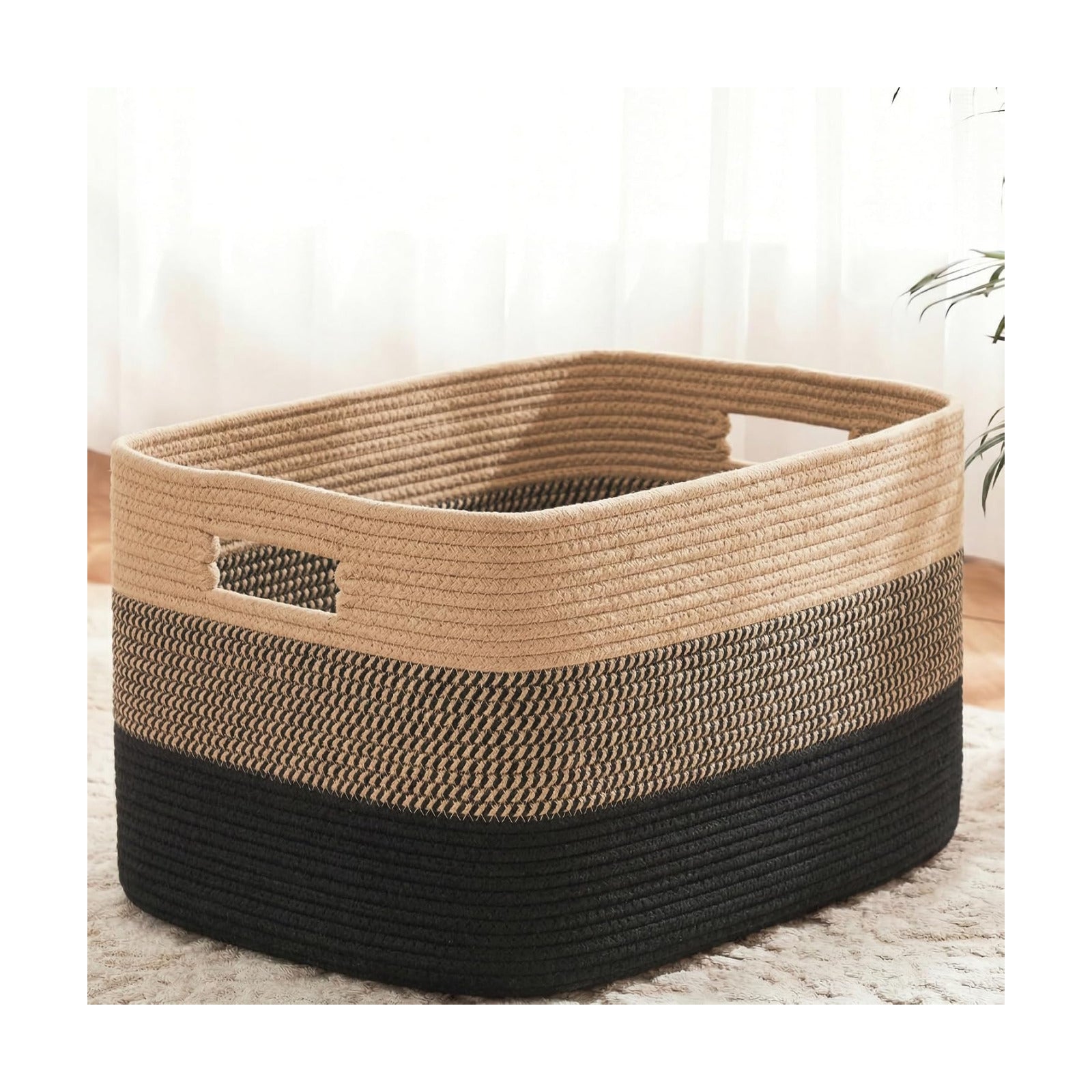 Rectangle Woven Baskets for Storage / Black&jute / 65L