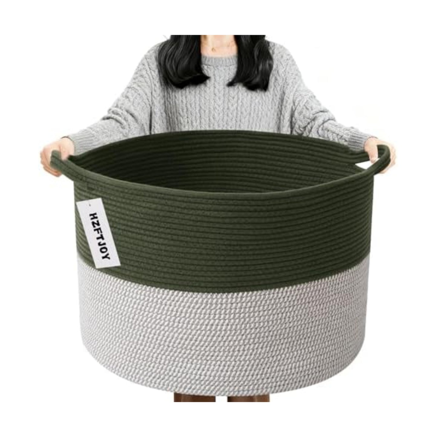 90L Extra Large Blanket Basket,Woven Laundry Basket-Green&White