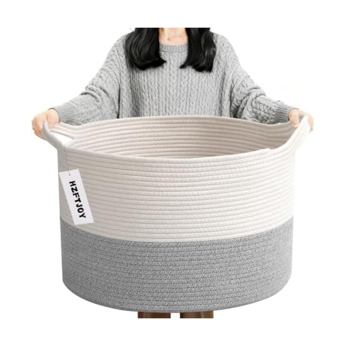 90L Extra Large Blanket Basket,Woven Rope Laundry Basket-White&Grey