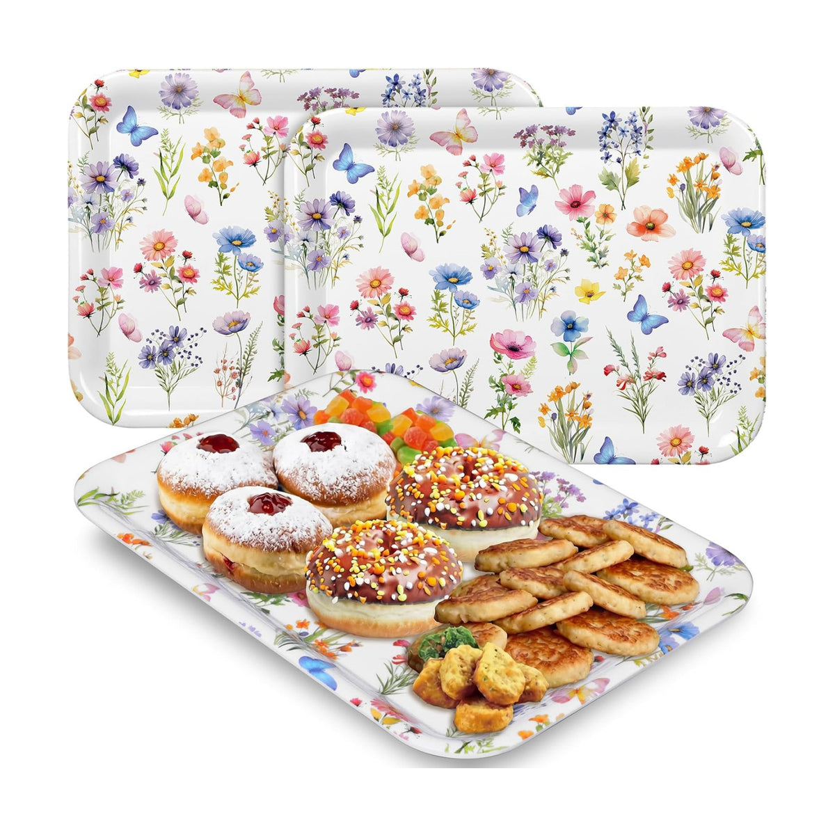 Vesici 3 Pcs Wildflower Serving Trays 13 x 10 Inch Colorful Floral Melamine Platters Reusable Rectangular Serving Dishes for Summer Wedding Bridal Tea Party Sharing Food Snacks Fruit Dessert Candy
