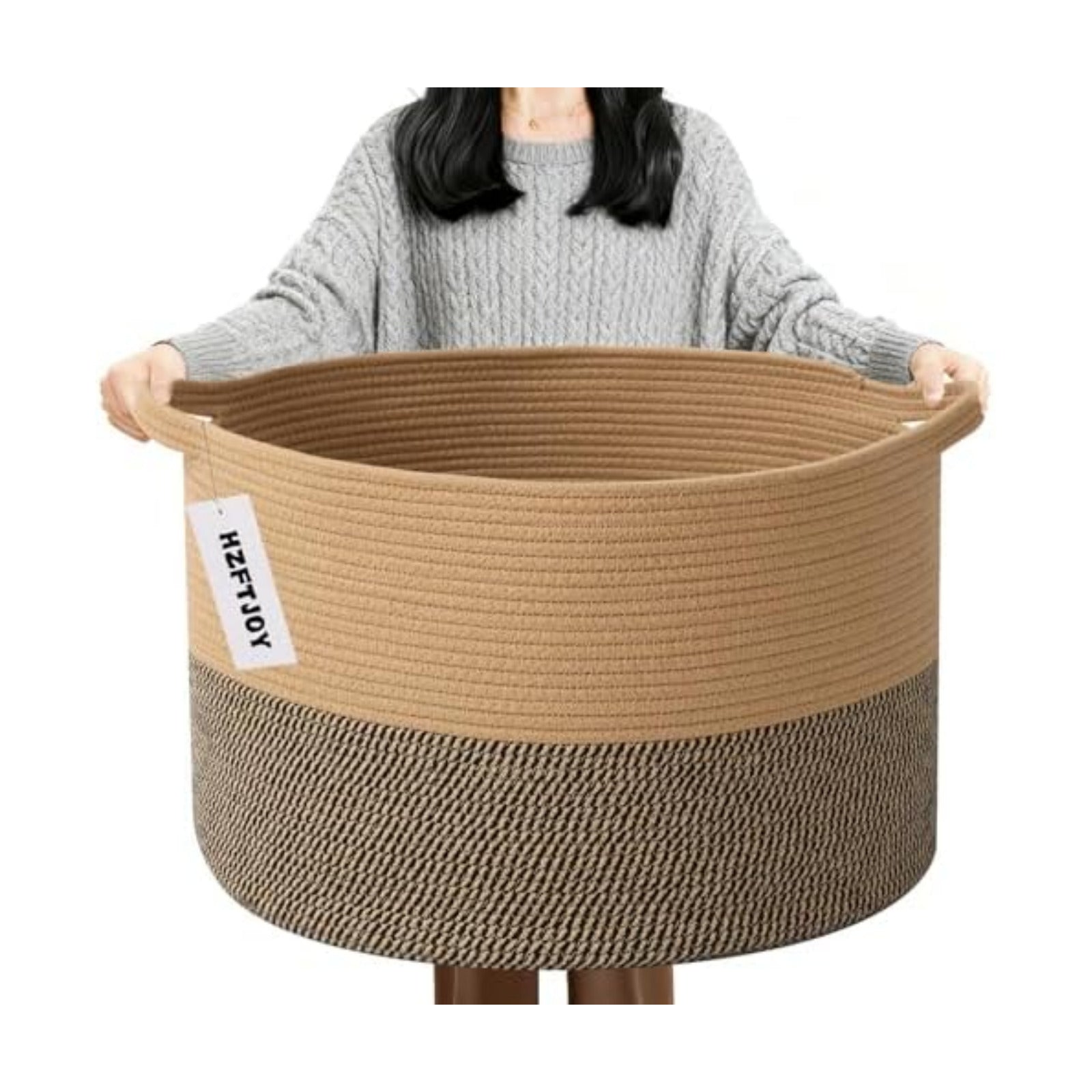 90L Extra Large Blanket Basket,Woven Rope Laundry Basket-Jute&Black