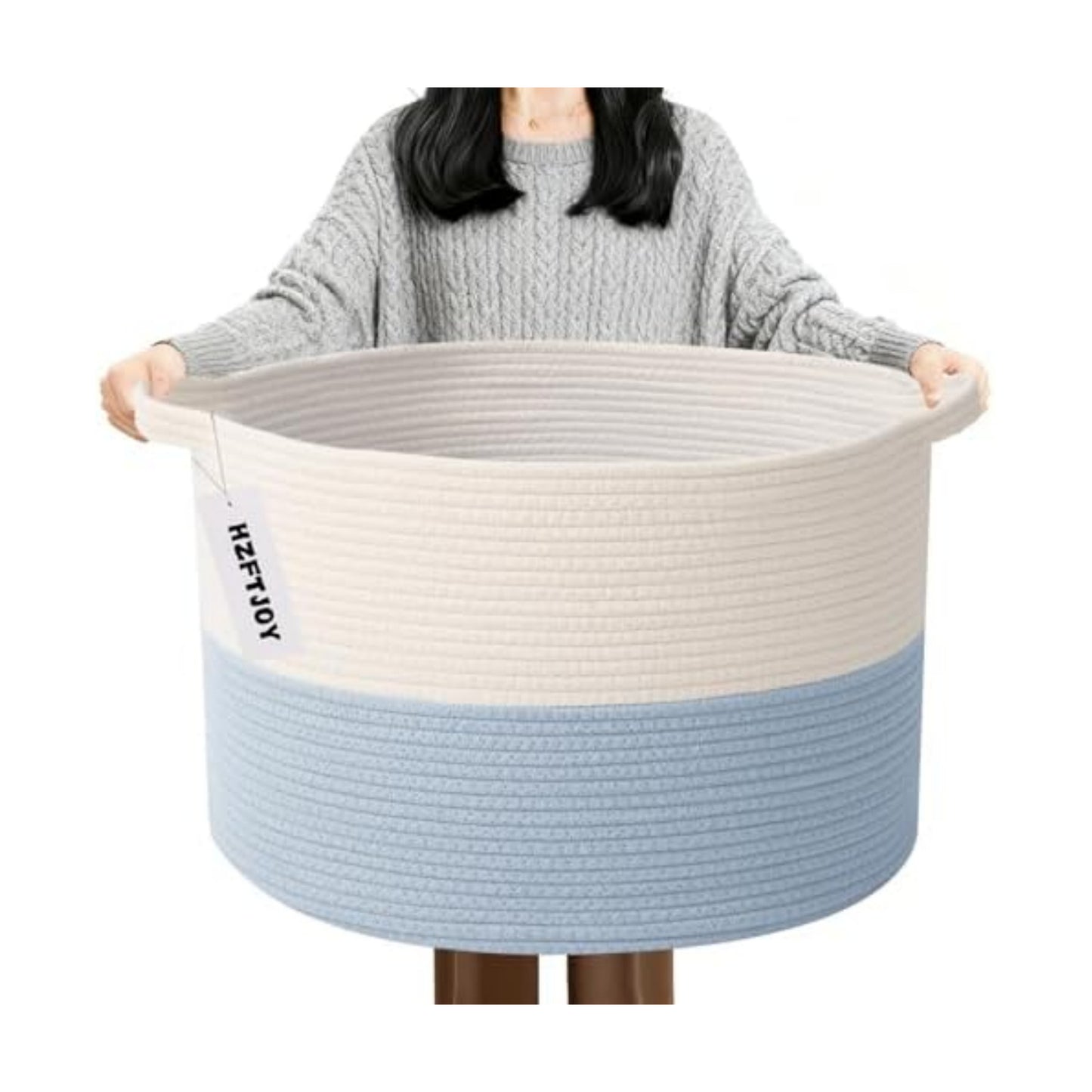 90L Large Blanket Basket,Woven Laundry Basket-White&Blue
