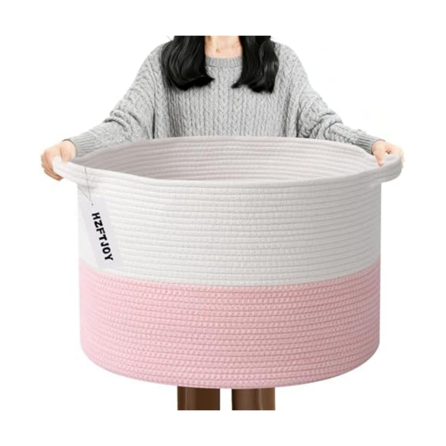 90L Extra Large Pink Woven Cotton Rope Basket with Handles