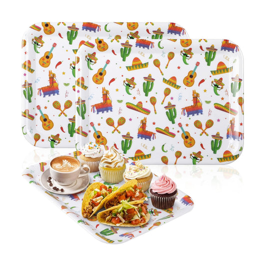 Vesici 3 Pcs Mexican Serving Trays 13 x 10 Inch Fiesta Cinco De Mayo Melamine Platters Reusable Rectangular Serving Dishes for Mexican Taco Theme Birthday Baby Shower Party Sharing Snack Fruit Dessert