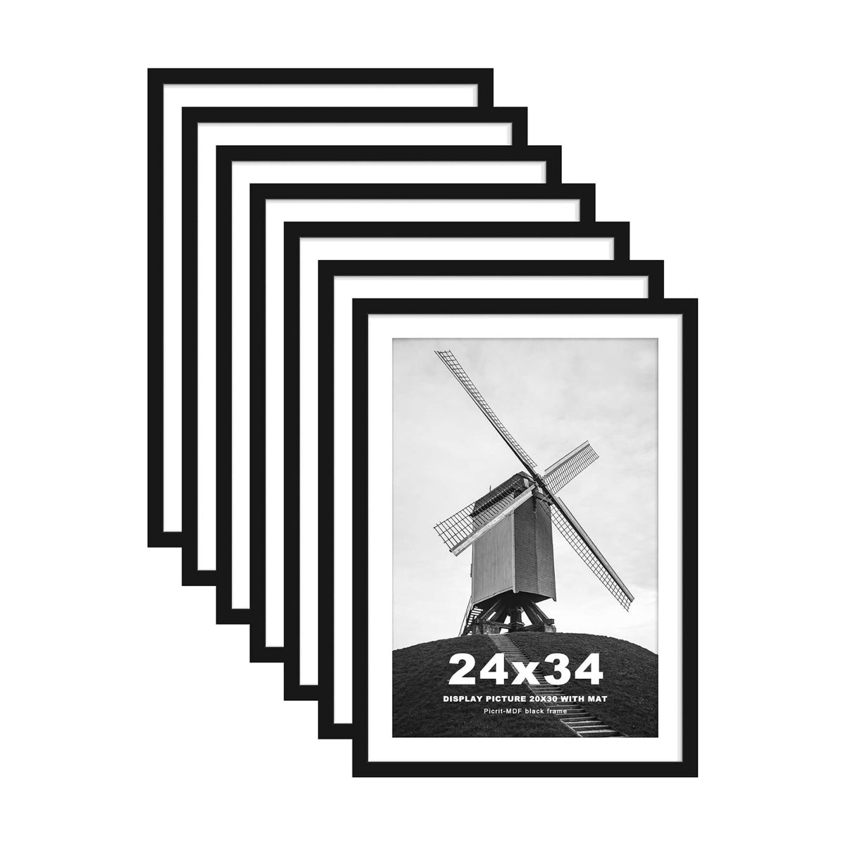 24x34 Picture Frame Set of 7, Black Poster Frames for Wall | Fits 20x30 Photos With Mat or 24x34 Posters Without Mat