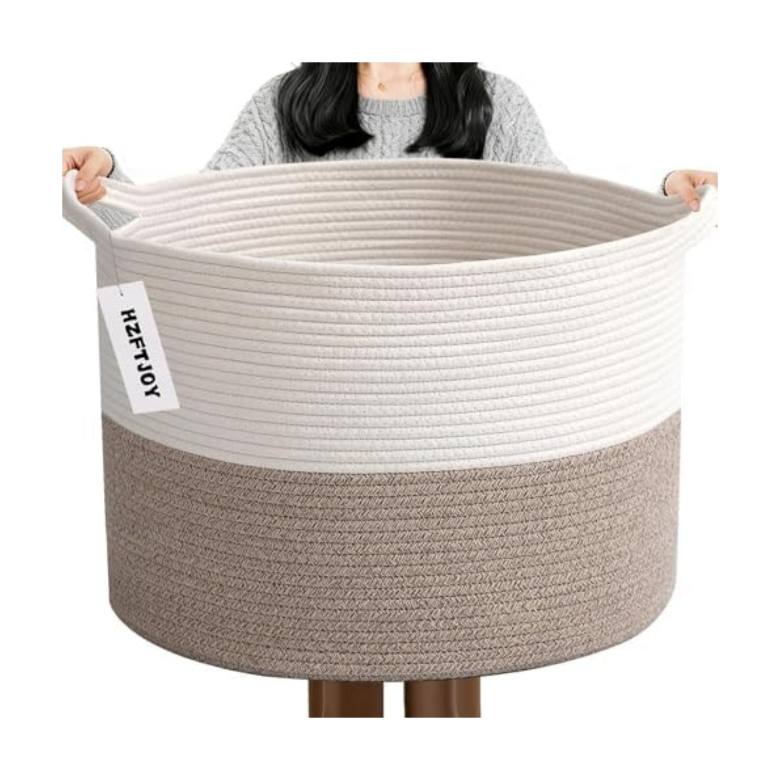 90L Woven Blanket Basket,Extra Large Laundry Basket-White & Brown