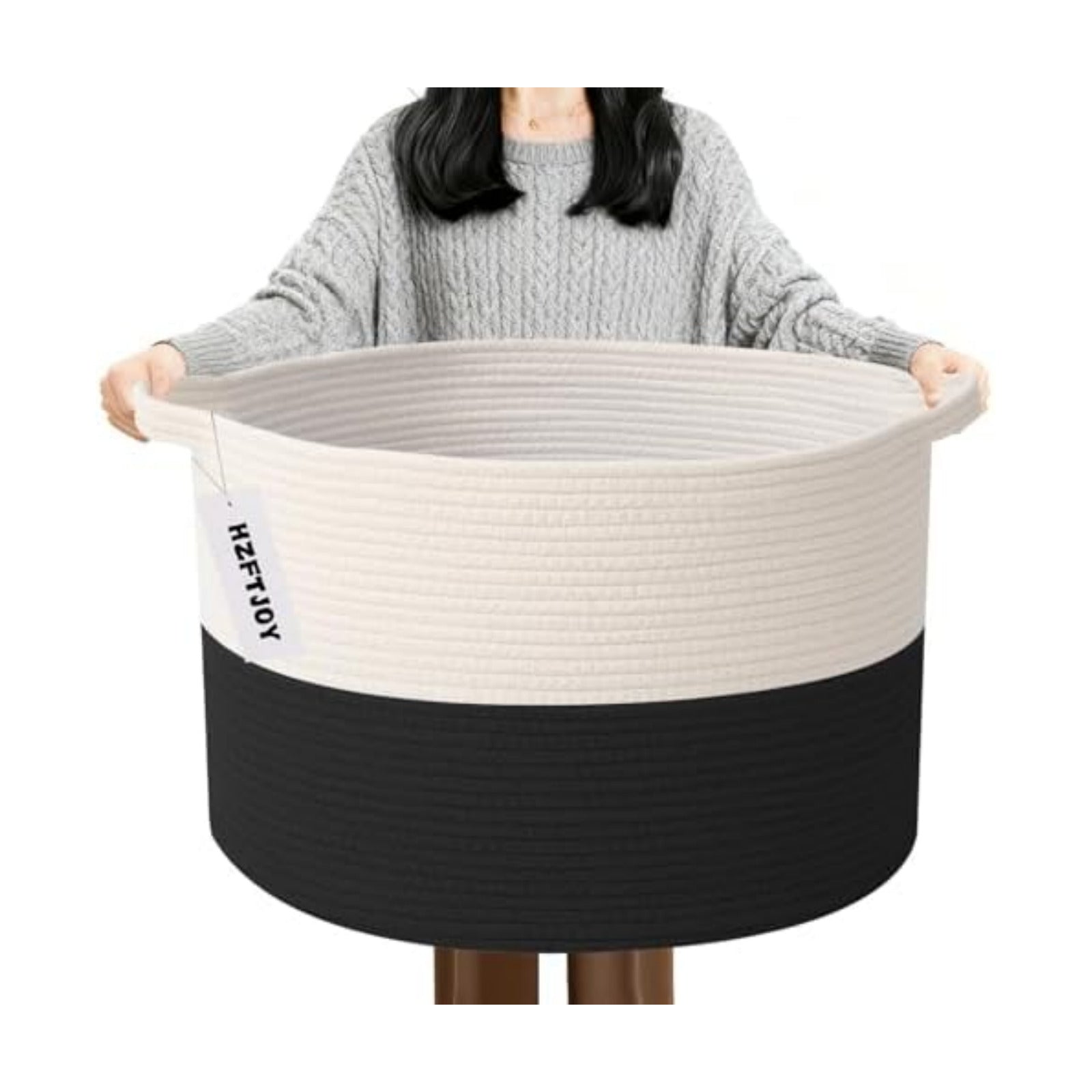 90L Extra Large Blanket Basket,Woven Laundry Basket-White&Black