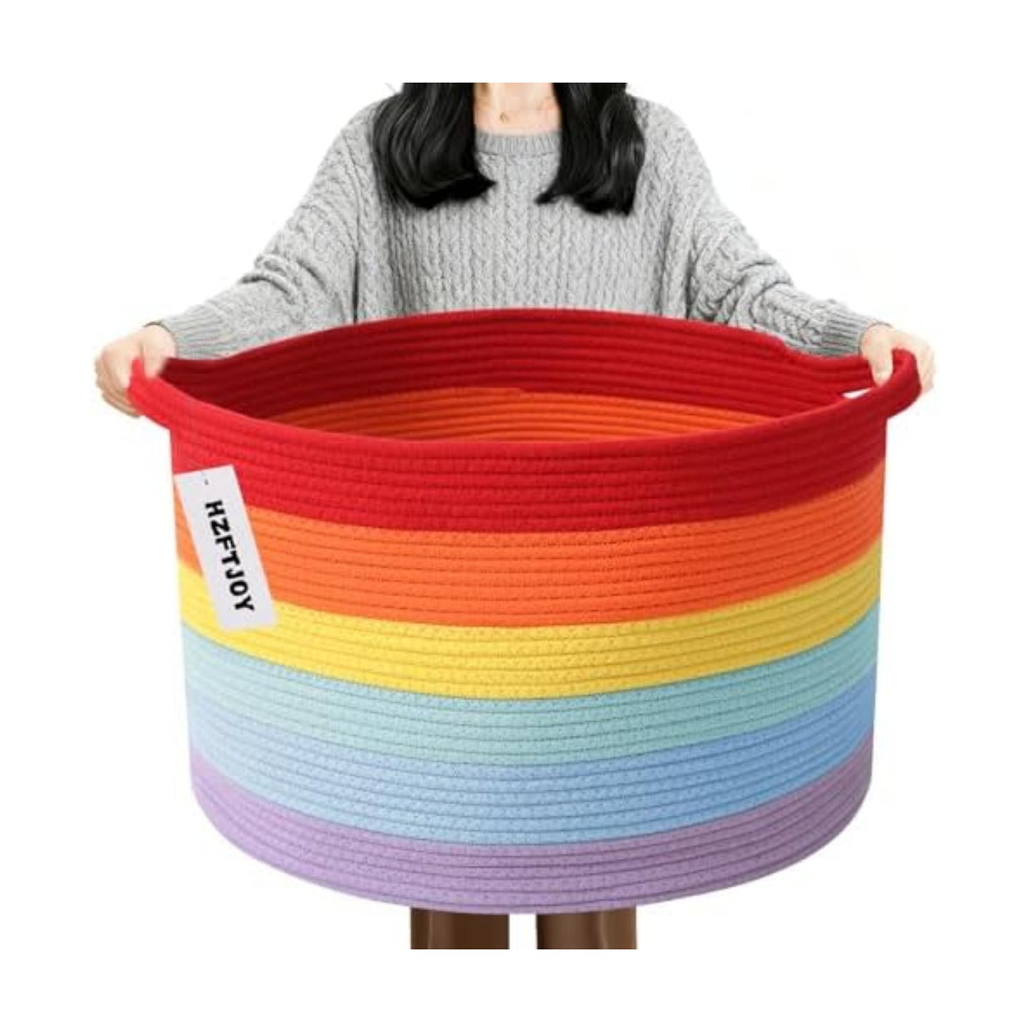 90L Large Blanket Basket,Rope Woven Laundry Basket-Rainbow