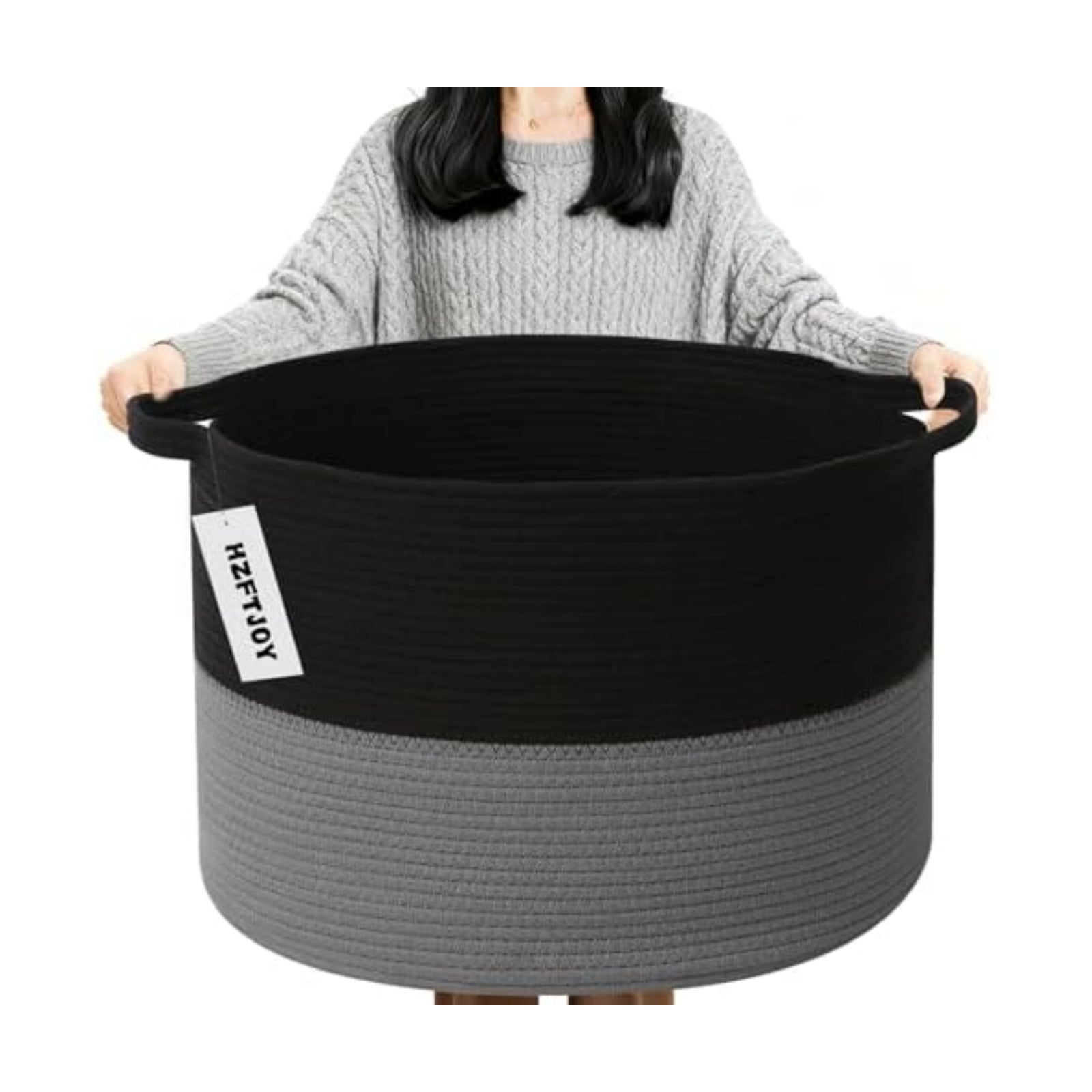 90L Extra Large Blanket Basket,Woven Laundry Basket-Black&Dark Grey