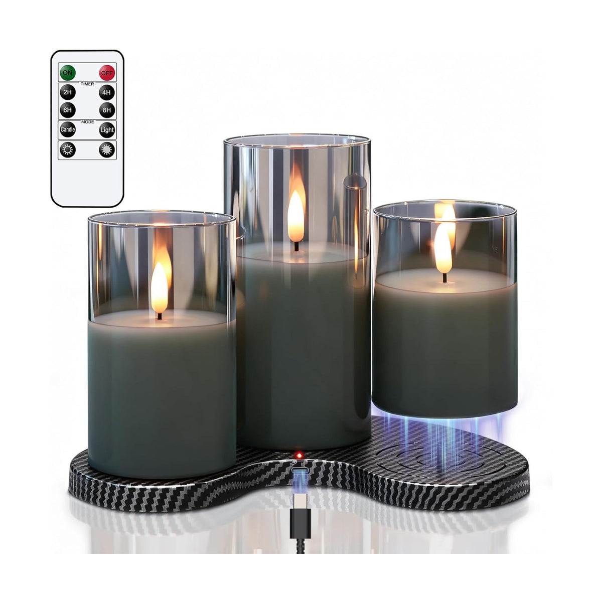 GenSwin Rechargeable Glass Flameless Candles with Remote Timer Black | Charging Base,Battery Operated Candles with 3D