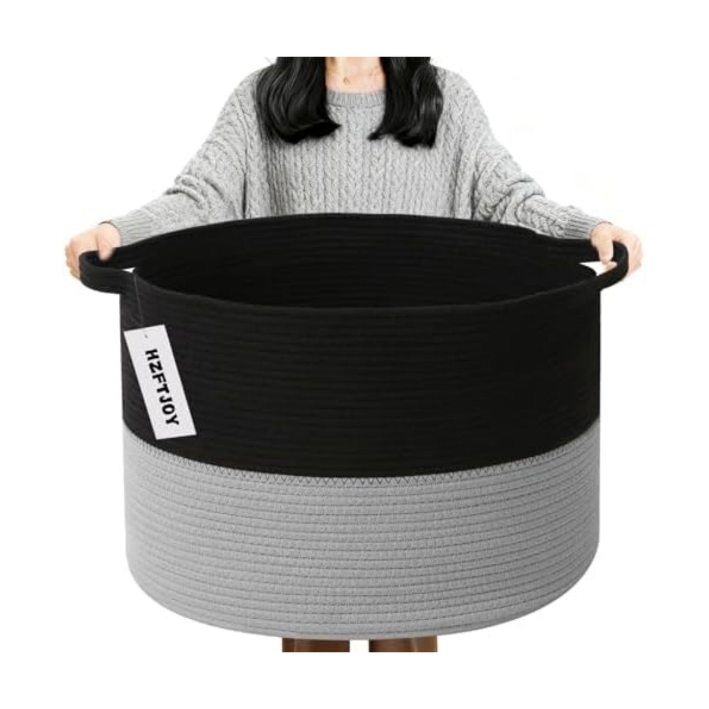 90L Large Blanket Basket,Woven Laundry Basket-Black&Light Grey